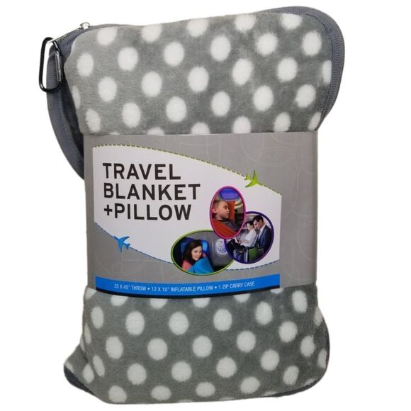SILVER One Travel Blanket And Pillow Set Gray White Polka Dot Pattern NWT - Picture 1 of 4